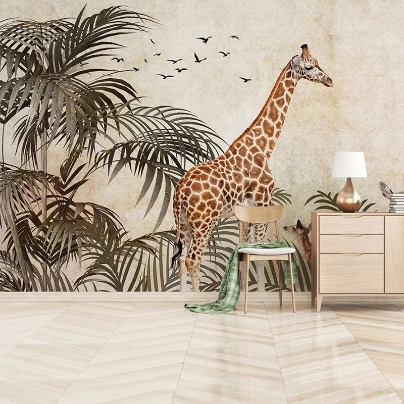 Customized Wallpaper 3D Tropical Plants Animal Photo Mural giraffe Living room TV background wall bedroom restaurant wall fabric