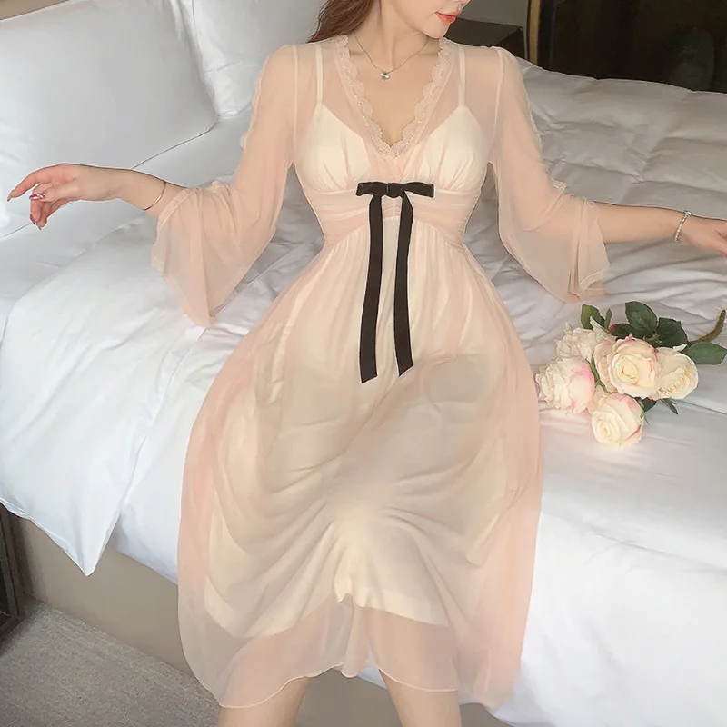 Women Nightgowns Satin Silk Spaghetti Strap Sleepwear Lace Nightwear Bow Sweet Dress Sexy Lingerie Mesh Homedress Nightdress