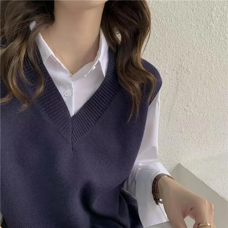 Korean Loose Solid Color Knitting Vest Tops Women Spring 2024 All-match Preppy Style V-neck Multiple Colour Casual Sweater Vest