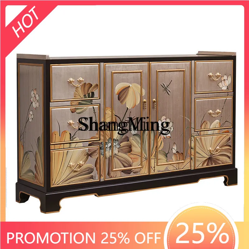 FG entrance decorative furniture solid wood diningmodern new Chinese style medieval style painted lotus flower living room