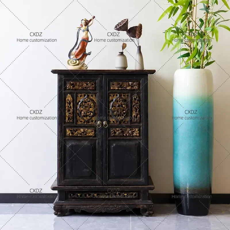 Ming Qing Style Bedside Table Mini Antique Side Cabinet Solid Wood Tea Cabinet Traditional Carved Locker Old Furniture