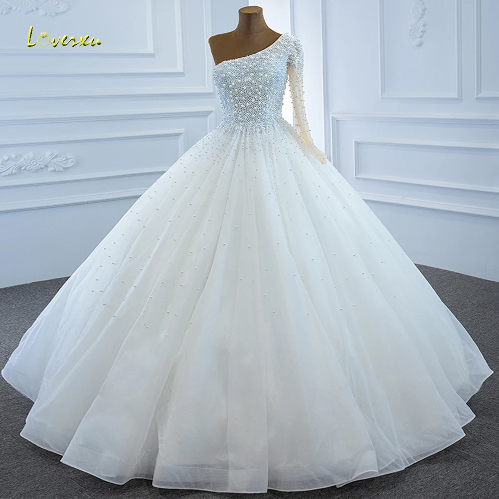 

Loverxu Ball Gown Princess Wedding Dresses 2024 Boat Neck One Shoulder Vestido De Novia Beaded Crystal Charming Robe De Mariee