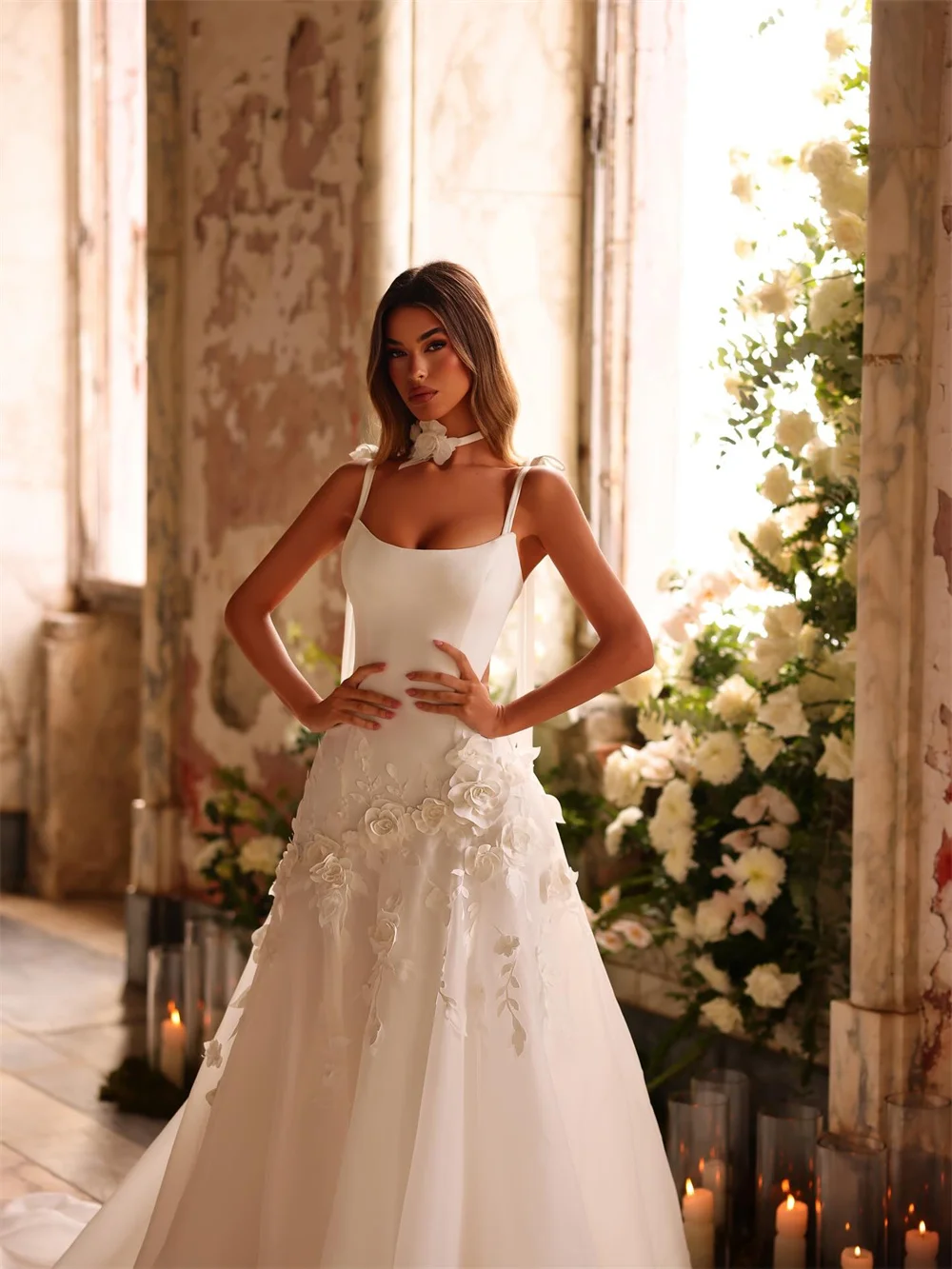 Tokyo Customized Elegant Square Collar Wedding Dresses Sleeveless Back Lace-Up Tulle Bridal Gowns White A-Line Wedding Gowns