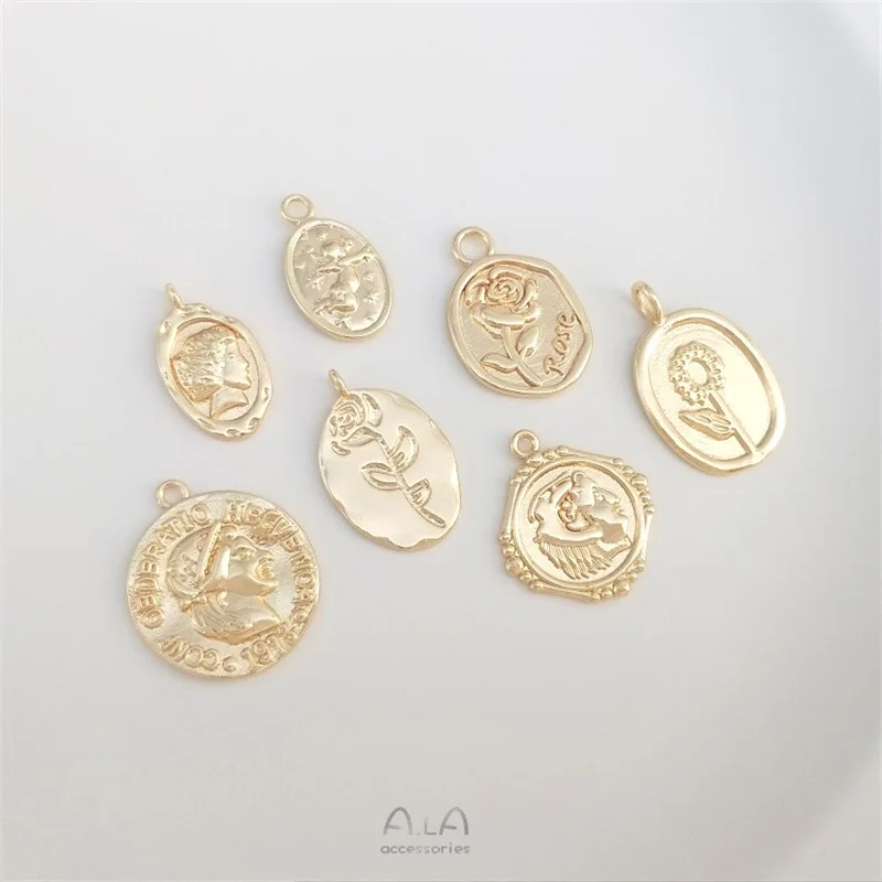 Color Retention 14K Gold Rose Angel Portrait Coin Pendant Handmade Bracelet Necklace Tag DIY Jewelry Pendant
