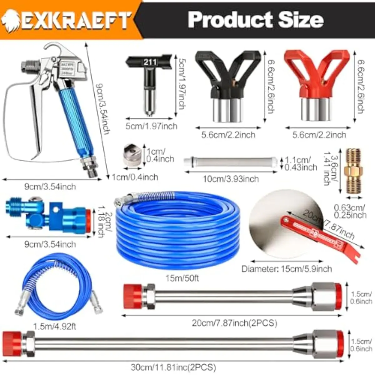 25-Piece Airless Spray Gun System with 50-Foot High-Pressure Hose, Six Interchangeable Tips, Twelve Filters, Four Extension Pole