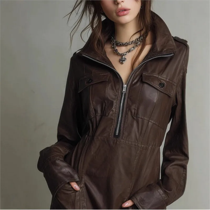 PU-leren jurken voor dames Elegante bruine overhemdkraag Halve ritssluiting Kant PU-leren mini-jurk met lange mouwen Vintage slim-fit jurk