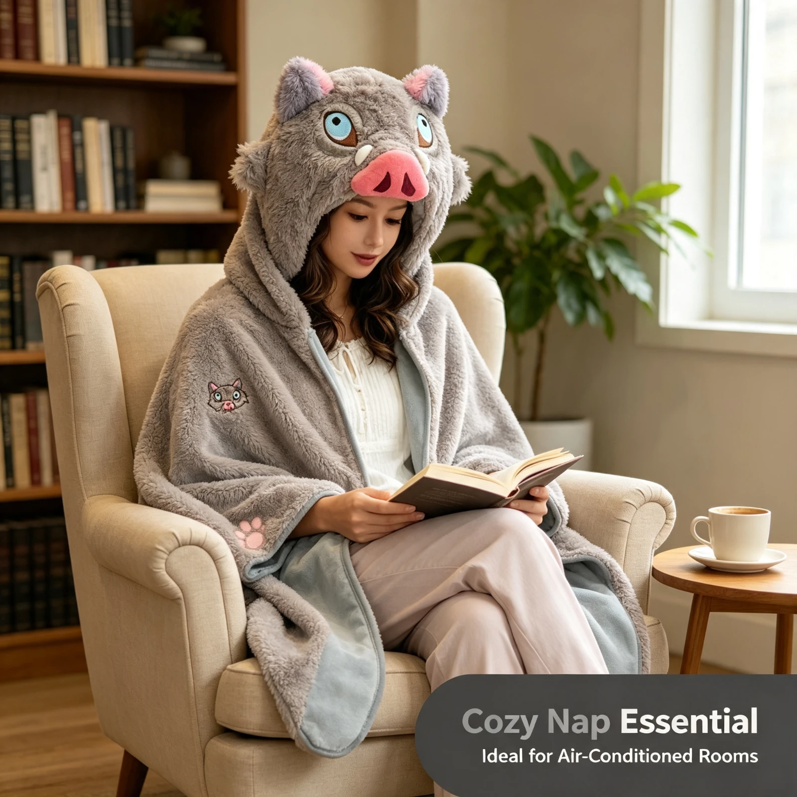 Cute pig Demons Animal Hooded Blanket Cape, Plush Wearable Shawl Thick Warm Nap Office AC Throw, Stuffed Toy Gift For AdultsKids