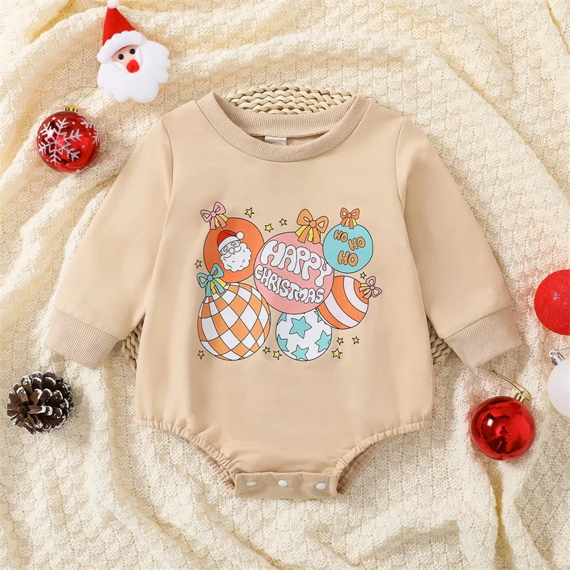 Infant Toddler Winter Holiday Romper with Reindeer Snowflake Print Round Neck Long Sleeve Jumpsuits Bodysuits for Baby Girls