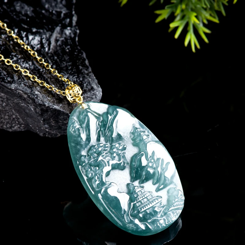 18K Gold Inlaid Natural Jadeite Hand-made Engraving Blue Water Landscape Brand Pendant Fashion Couple Necklace Fine Jewelry Gift