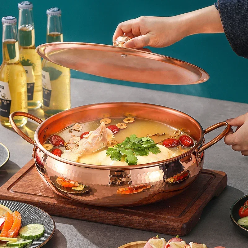 

Pure Copper Two Mandarin Ducks Hot Pot: Handcrafted Cookware, Uniform Heat Distribution, Multipurpose Soup & Stock Pot