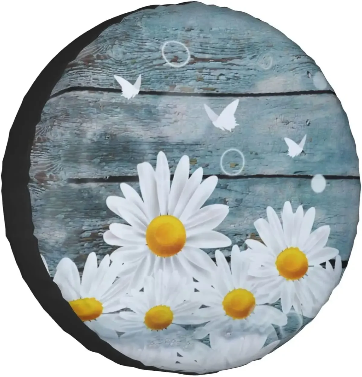 Spare Tire Cover Universal Tires Cover White Daisy Blue Vintage Wood Grain Car Tire Cover Wheel Protector Weatherproof a