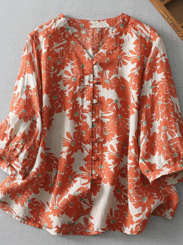 

Свободный крой с цветочным принтом, женский повседневный топ больших размеров с v-образным вырезом и пуговицами, летний топ Faion для поездок на работу