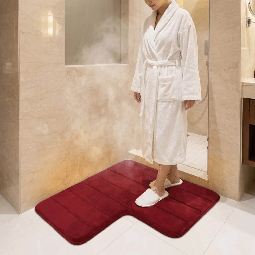 Coral Velvet L-Shaped Bathroom Floor Mat Striped Right Angle Shower Room Mat Wear-Resisting Non-Slip Doormat Kitchen