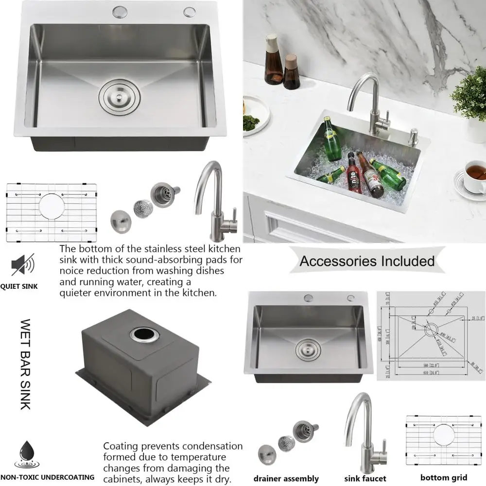 

Stainless Steel 24 Inch Topmount Kitchen Sink with Single Bowl and Faucet Combo, 18 Gauge, 10 Inch Deep, 24x18 Dimensions