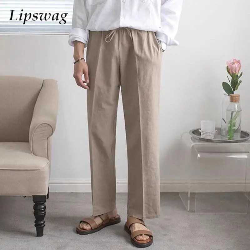 

Daily Leisure Breathable Linen Trousers Mens Vintage Drawstring Pleated Straight Pants Men 2026 Spring Summer New Casual Pants