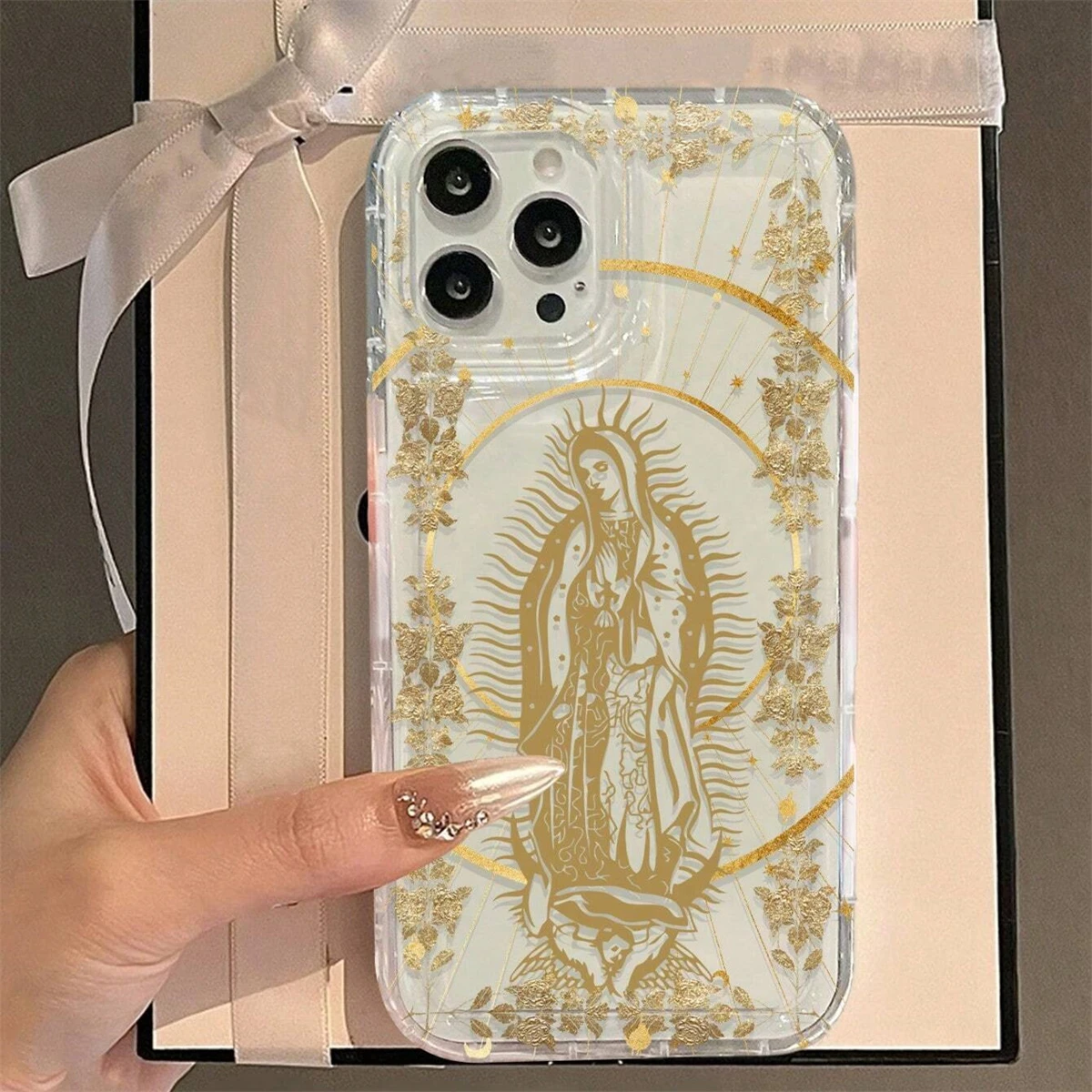الجمالية الذهبي هالة مريم العذراء قضية الهاتف آيفون 16 15 14 13 12 11 برو ماكس 8 زائد X XR XSMax وسادة هوائية مكافحة سقوط غطاء واضح #1