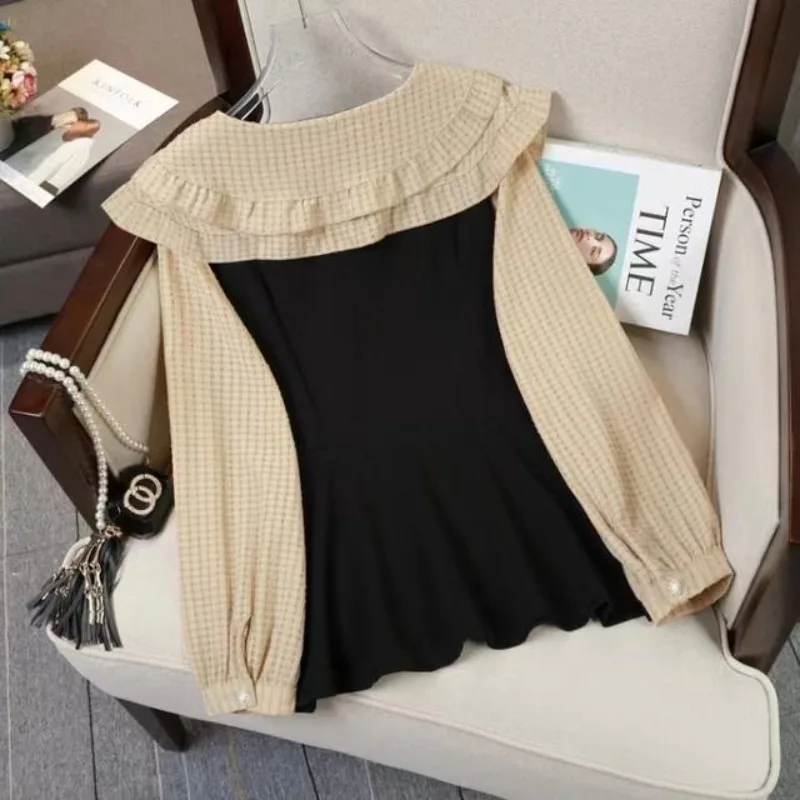 Women\'s Large Size Long Sleeved Shirt Spring Autumn New Fashion Peter Pan Collar Ruffles Patchwork Button Striped Pullover Tops