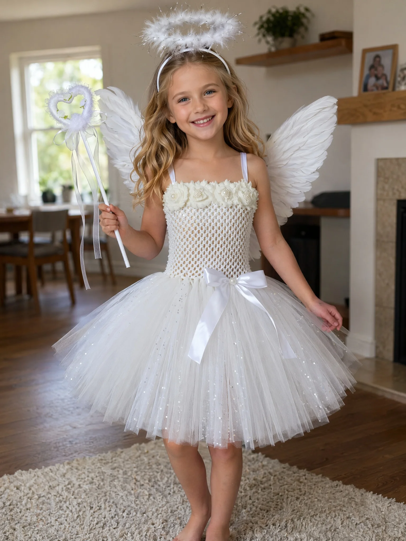 Ydixl Halloween Sparkling Guardian White Angel Costume Cosplay for Girls Child Tutu Dress + Wings + Halo Wand Full Set 1-12Y