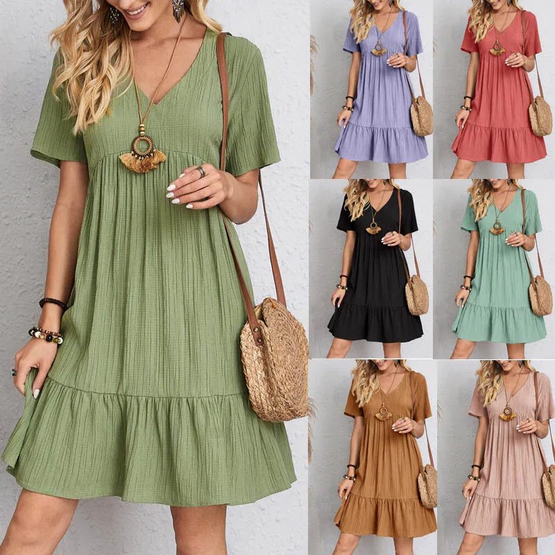 Wholesale New Fashion Women Summer Short Sleeve Pleated Loose Dresses V-neck A-line Soft Beach Vacation Casual Dress