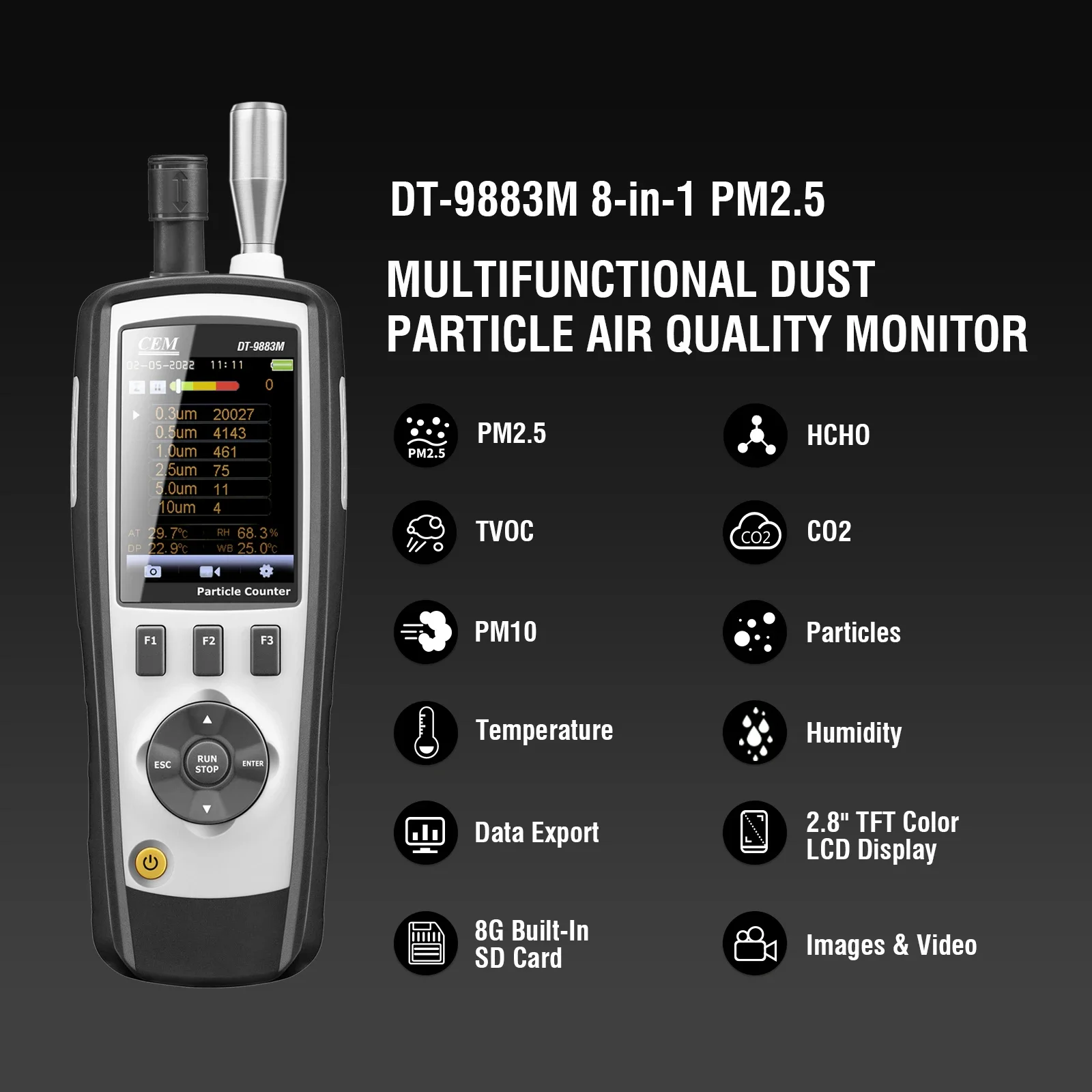 CEM DT-9883M Advanced Laser Doppler Anemometry Particle Counter 0 To 50℃ with Cumulative, Differential,Concentration Count Modes