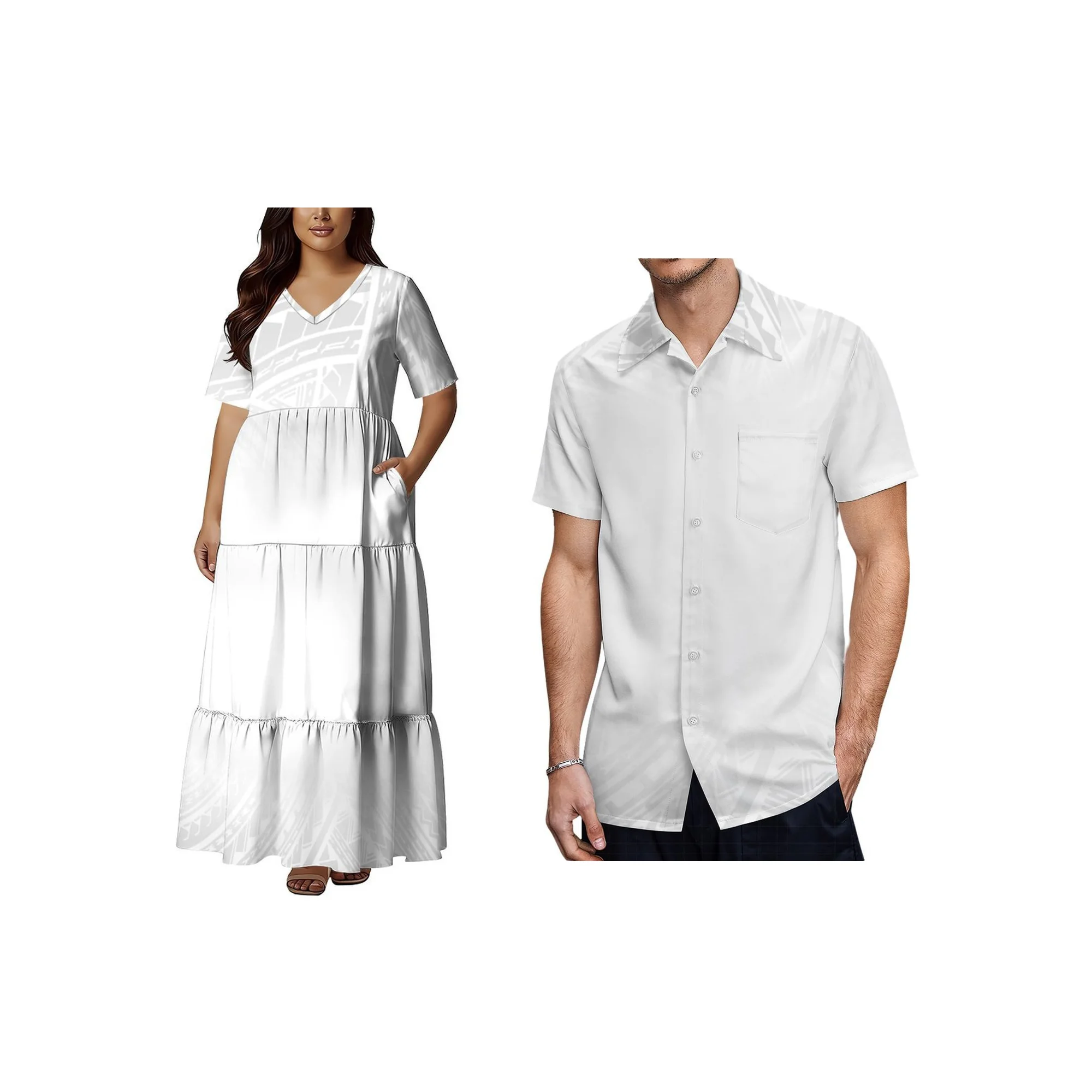 

Wholesale Customized Large Size Women White Sunday V Neck Short Sleve Long Dress Multi Tiered Hawai Polynesian Print Clothing