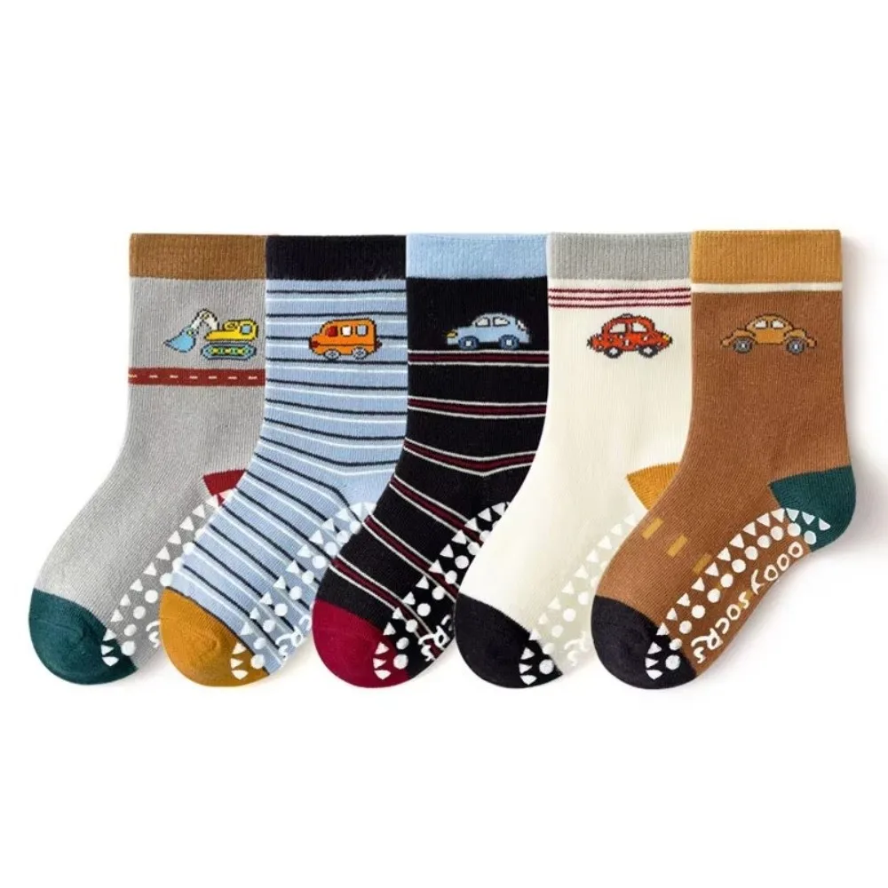 5 Pairs Breathable Non-Slip Socks Cotton Stretch Anti Skid Socks Multi Pattern Mid Calf Floor Socks For Toddler Children