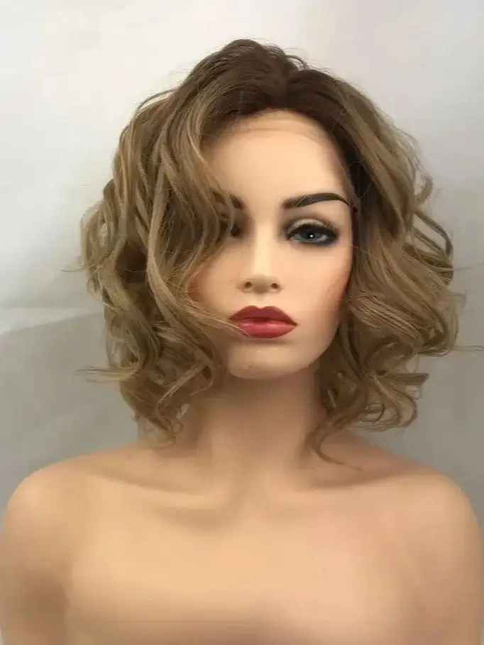 Laço transparente ondulado louro curto para mulheres, cabelo sintético natural, resistente ao calor, diário