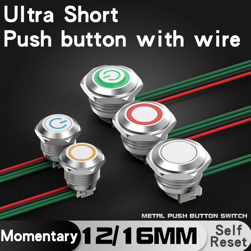 

12/16mm Ultra Short Metal Push Button Switch With Wire Momentary Reset With LED Light Flat/High Head 6V 24V Jog Switch