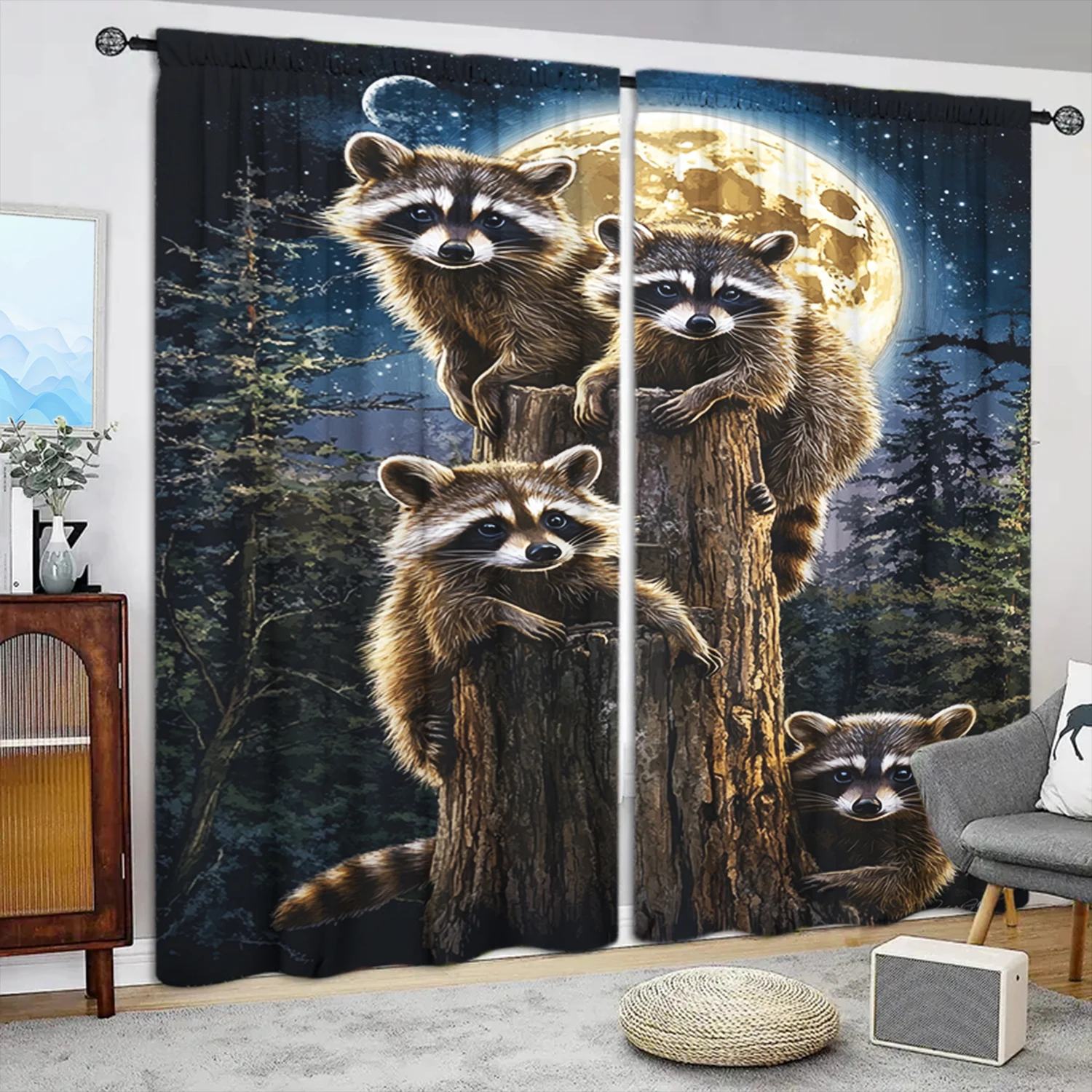 

2 шт., занавеска с принтом «Семья енота» для домашнего декора — карман стержневым карманом для обработки окон для спальни, офиса, кухни