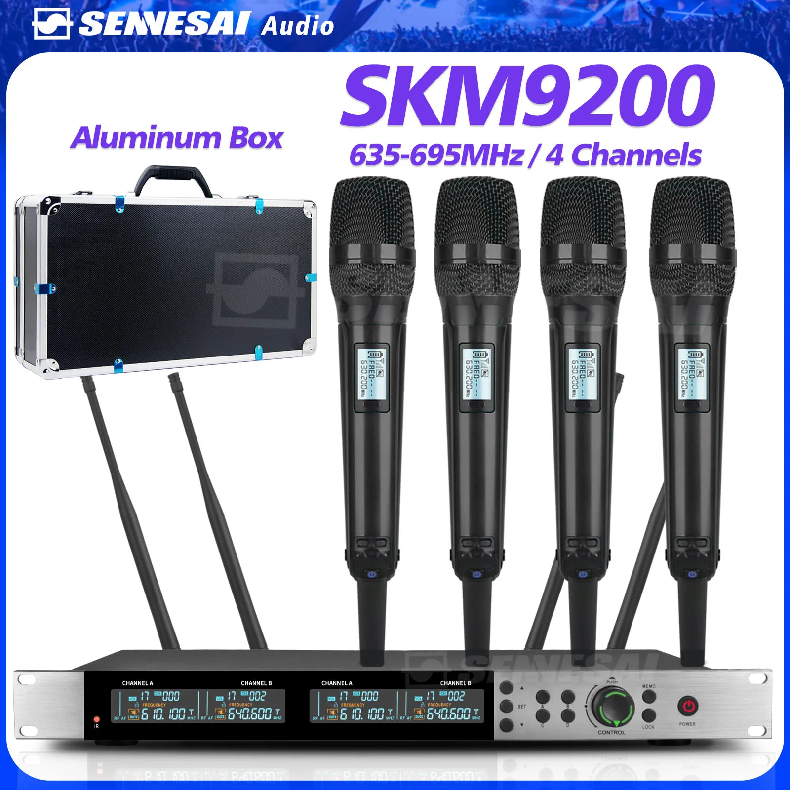 SKM9200/9000 Wireless Microphone (Whole Metal)  4 Channels UHF Professional Mic Dynamic Handheld For Party Karaoke Church Stage