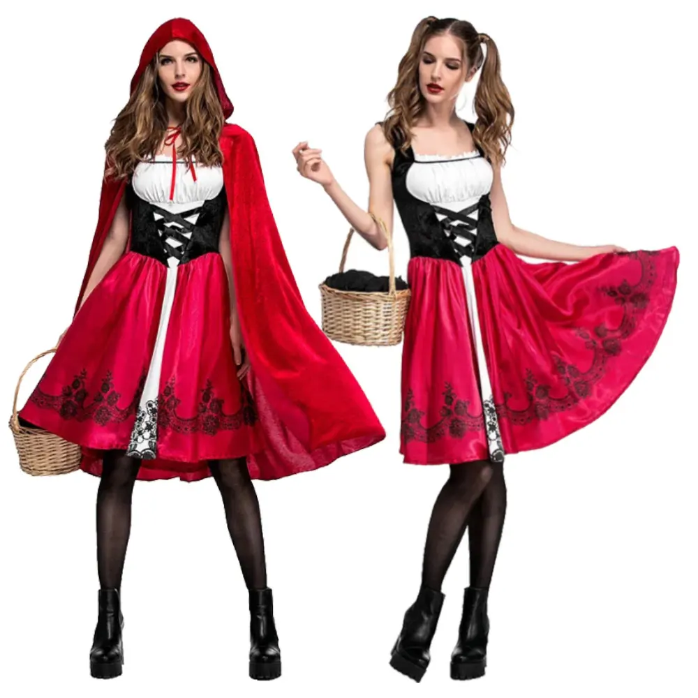 

Halloween Little Red Cape Set Fairy Tale Girl Dress Witch Little Red Riding Hood Costume Cosplay Party Performance Dress