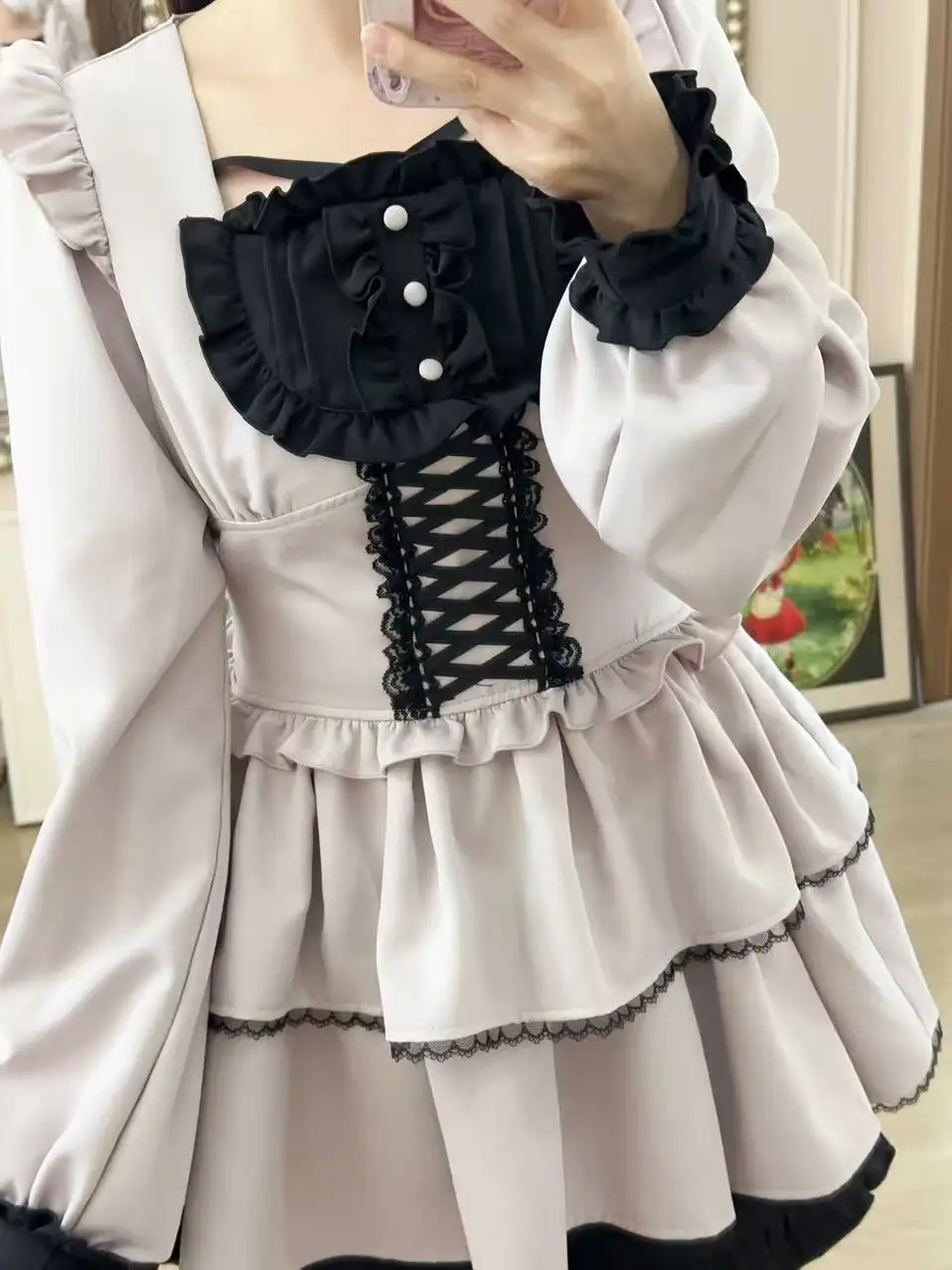 Japanese Style Mass-production Sweet Cute Lolita Dress Set Square Neck Long Sleeve Plaid Dresses Shorts Two-Piece Set for Women