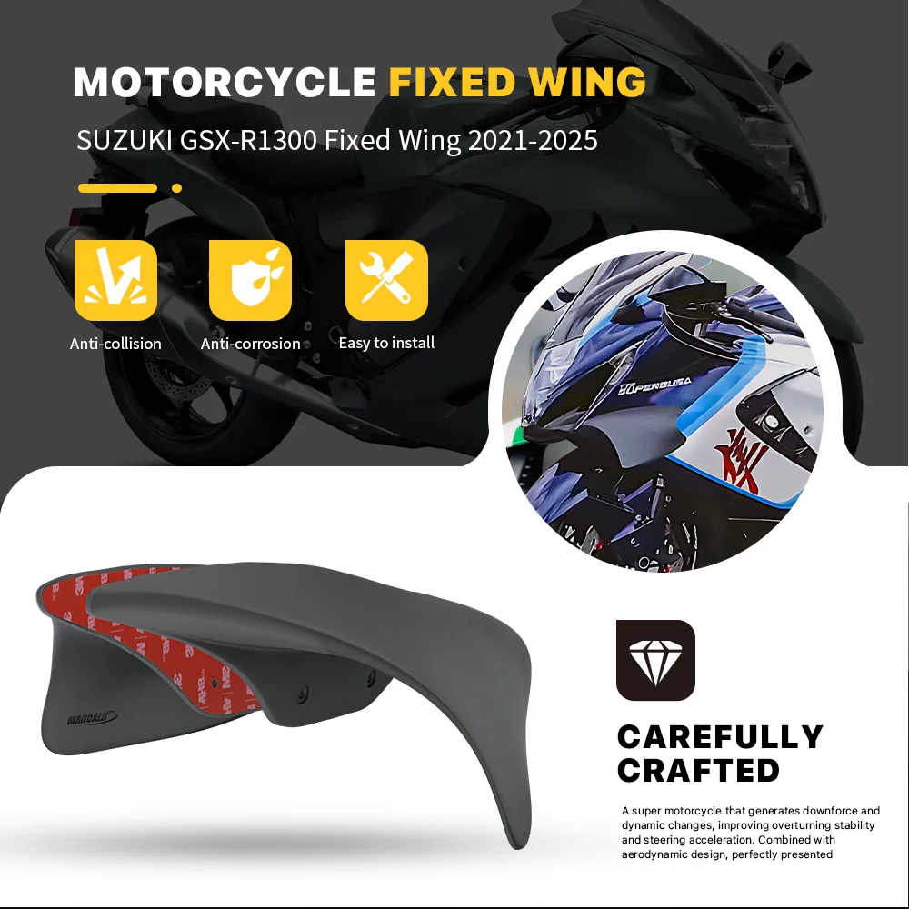Motorcycle Fixed Wing Spoiler Fairing For SUZUKI GSX-R1300 GSX1300R 2021-2025 ABS Plastic Carbon Paint Aerodynamic Winglet