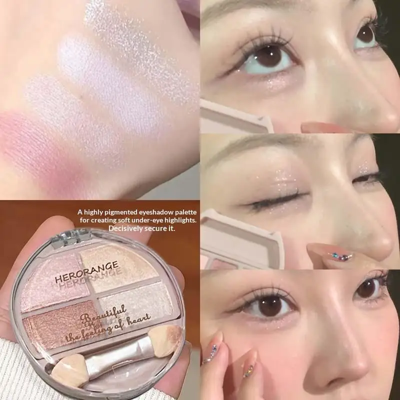 باليت ظلال عيون هيرورانج بأربعة ألوان، بودرة لامعة وبراقة، ظلال طبيعية للجفون، كونتور، محدد عيون مع فرشاة