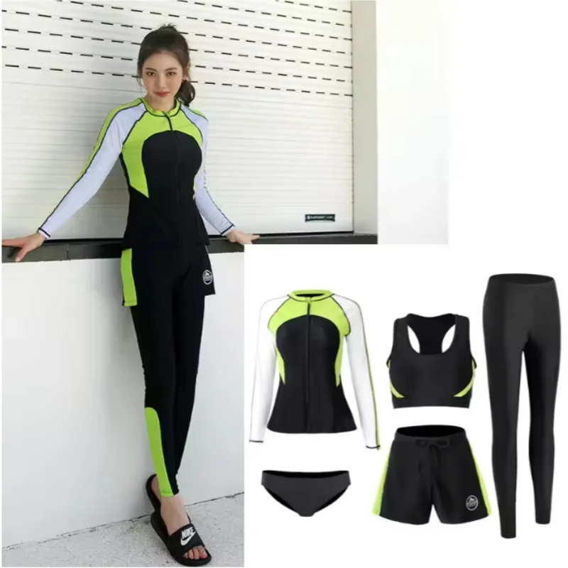 

Long Sleeve Rash Guard Women Patchwork 5 Pieces Swimsuit Swimwear Bathing Suit Pad Zipper Surfing Long Pant Couple Men 3 pieces