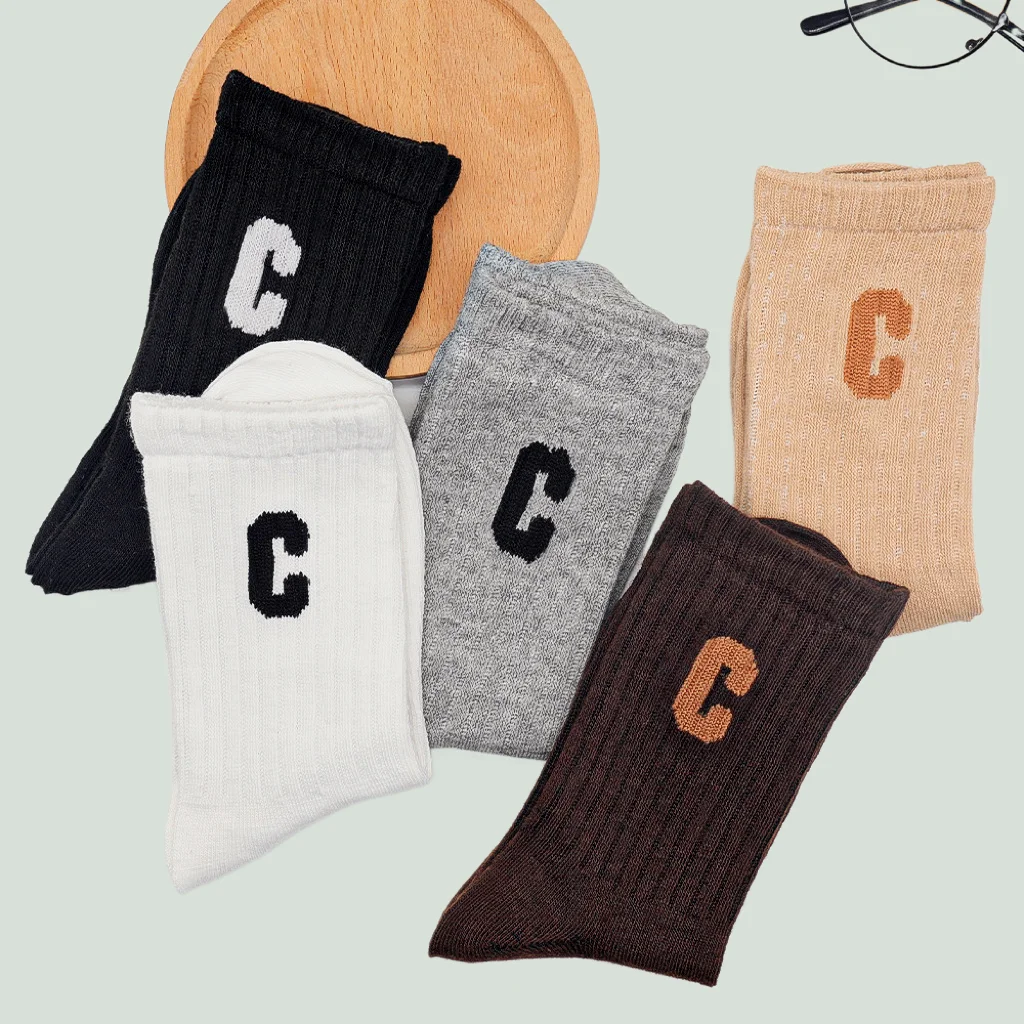 5/10 Pairs Vertical Striped Cotton Socks Solid Color All-match High Quality New Women's Mid Tube Socks Letter Socks Casual Socks