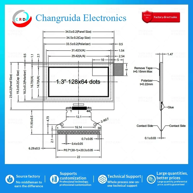 1.3-inch OLED LCD screen CH1116 small screen 128x64 display screen 8-bit parallel port SPI/IC