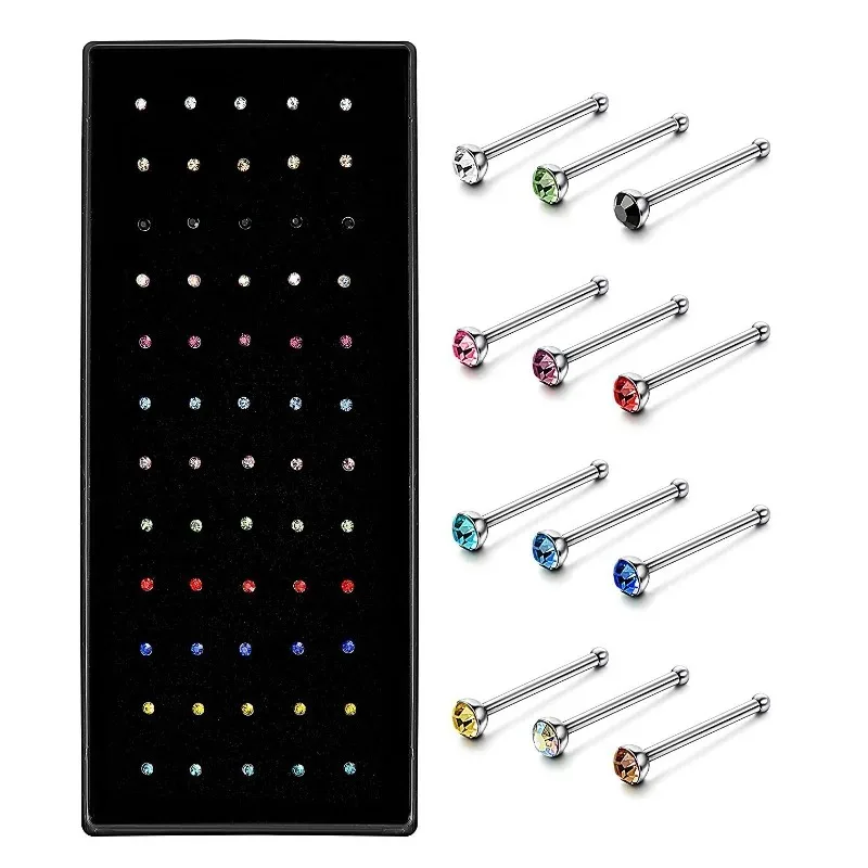 2PCS/Kit Stainless Steel Straight L Hook Nose Stud Piercing Fashion Crystal Nariz Nase Piercing Body Jewelry