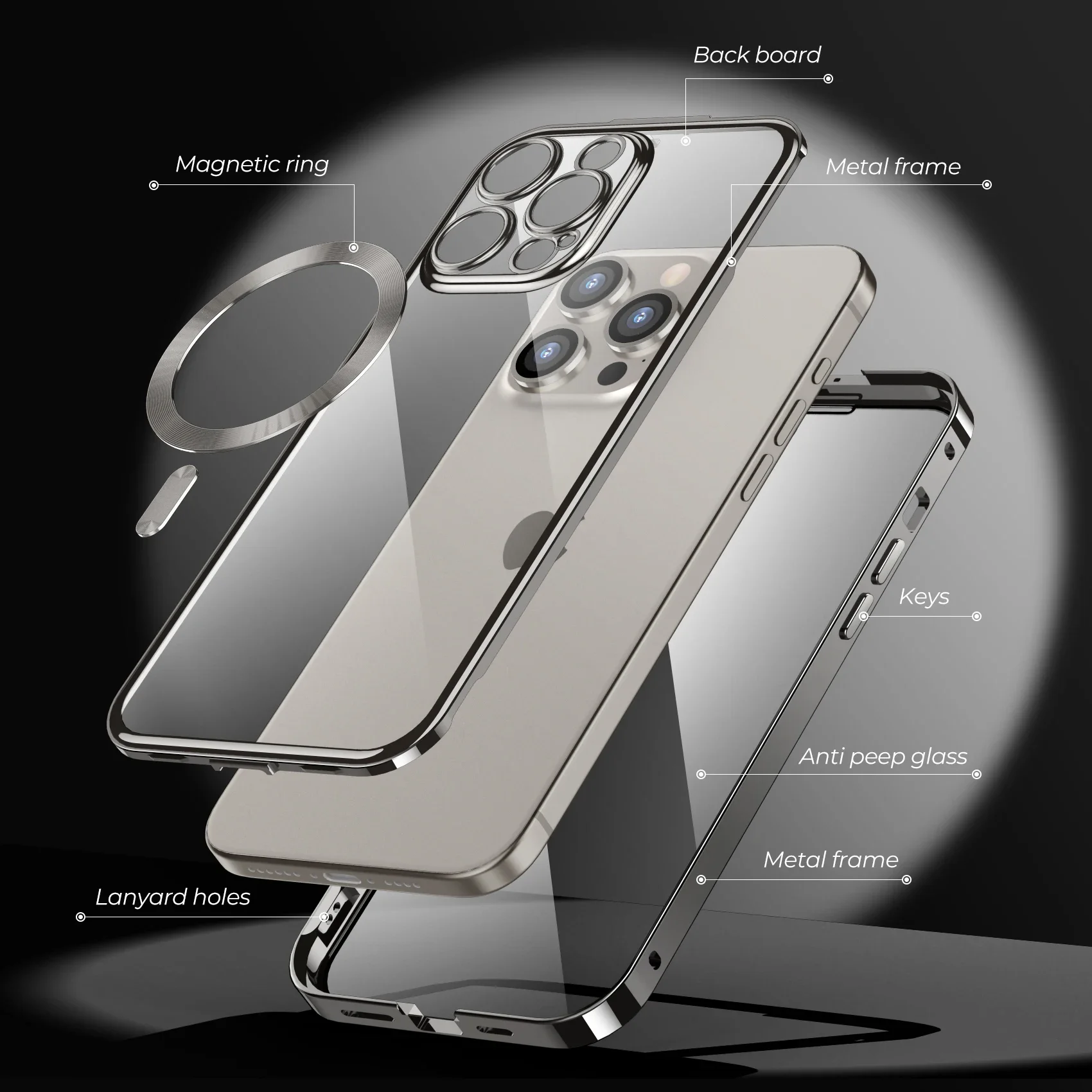 Alloy Bumper Dual Glass Cover for iPhone 15 Pro Max 14 Magsafe Case Full-Body Metal Frame 9H Privacy HD Screen Protector