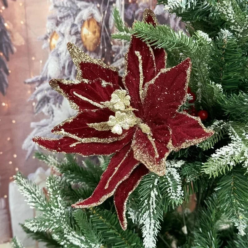 1-6pcs Glitter Artifical Christmas Flowers Red Gold Velvet Simulation Flower Xmas Tree Pendants New Year Party Hanging Ornaments