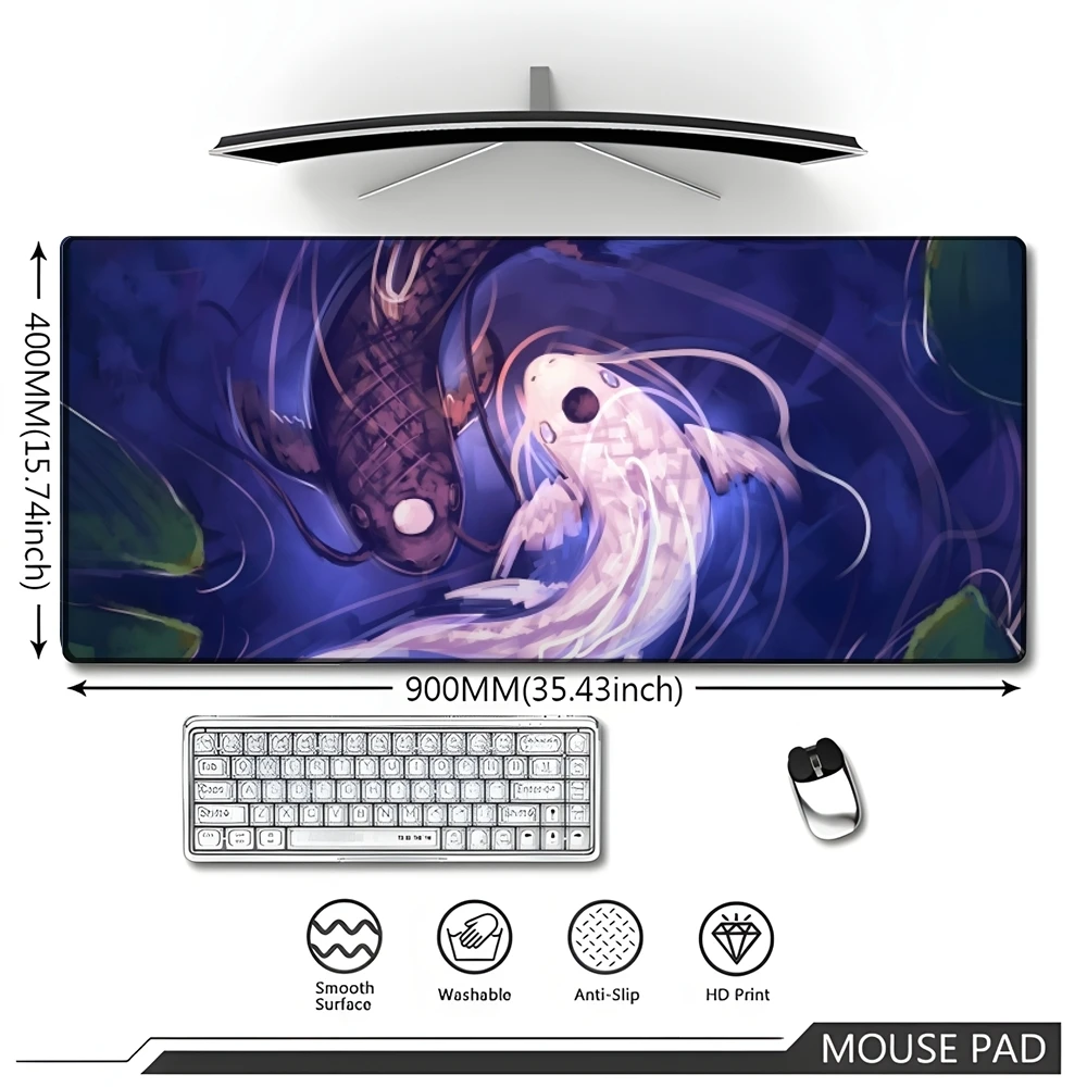 Grande Gaming Mouse Pad com bloqueio de borda, Koi, nuvem, arte japonesa, casal, computador, teclado, mesa, 90x40cm, 700x400 cm