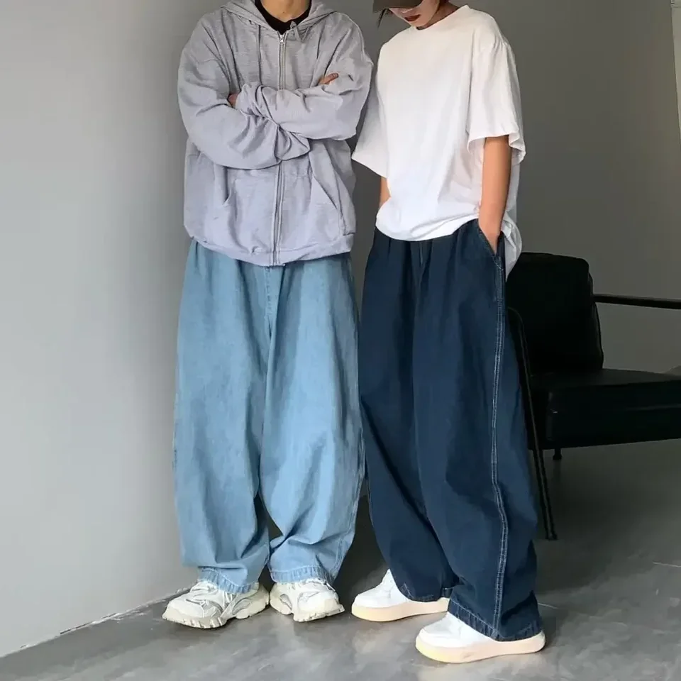 Men Wide Leg Pant Jeans Long Denim Pants Straight Trousers Elastic Waist Pocket Loose Casual Regular Solid Splice Autumn Winter