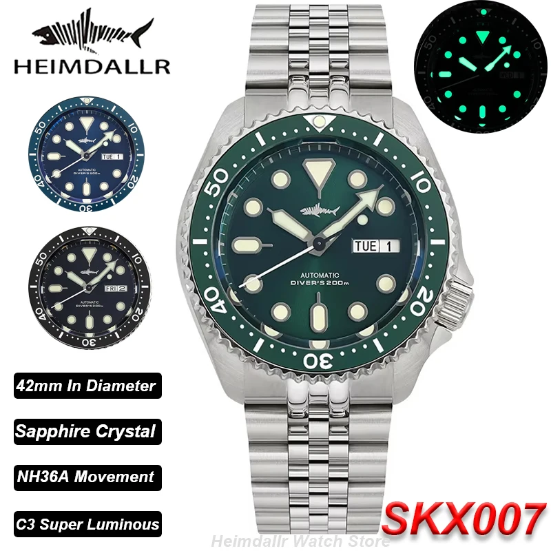 HEIMDALLR SKX007 Men Watch NH36 Automatic Mechanical 316L Steel Sapphire Glass C3 Super Luminous 200M Waterproof Dive Wristwatch