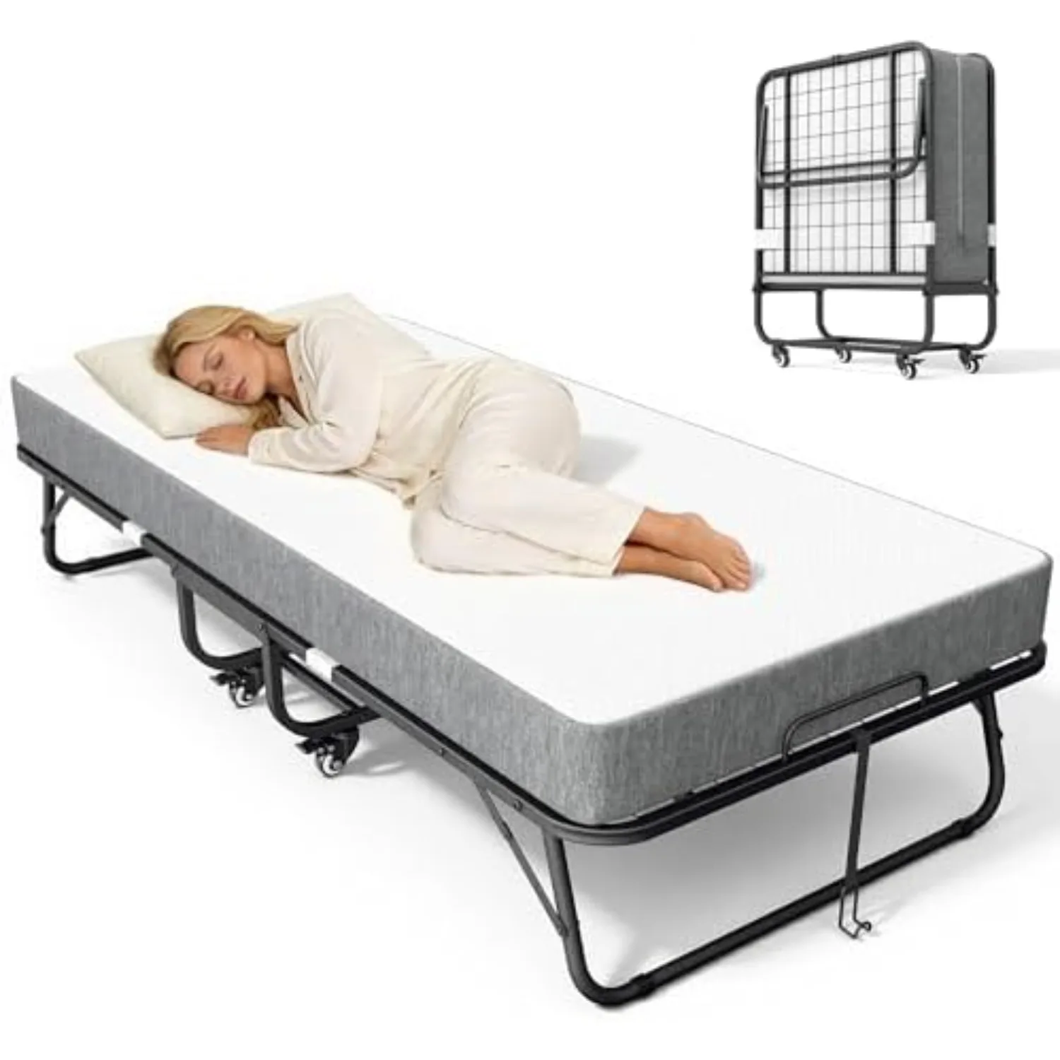 Folding Bed, Twin Size, Portable Rollaway Beds with Mattress & Super Strong Frame, Foldable Bed Frame for Adults, Fold