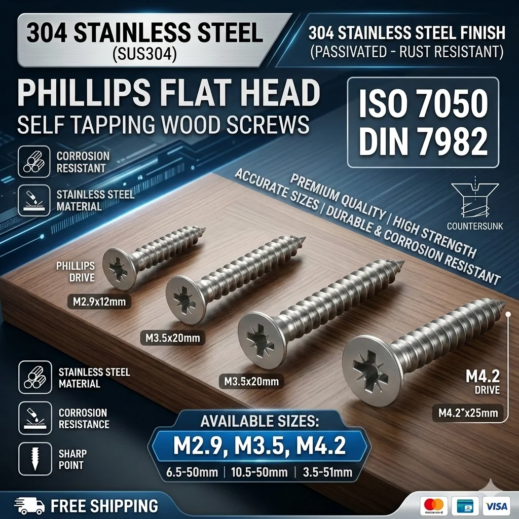 304 Stainless Steel Phillips Flat Head Self Tapping Screws ISO 7050 DIN 7982 M2.9 M3.5 M4.2 Countersunk Wood Screws 20/50/100pcs
