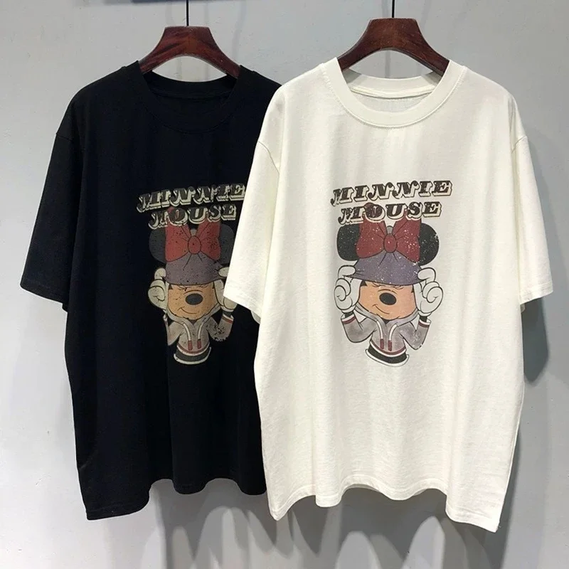 Camiseta de talla grande Mm Extra grande para mujer, novedad de verano, diseño de dibujos animados de Mickey, versión grande holgada, viento perezoso, versátil, manga corta