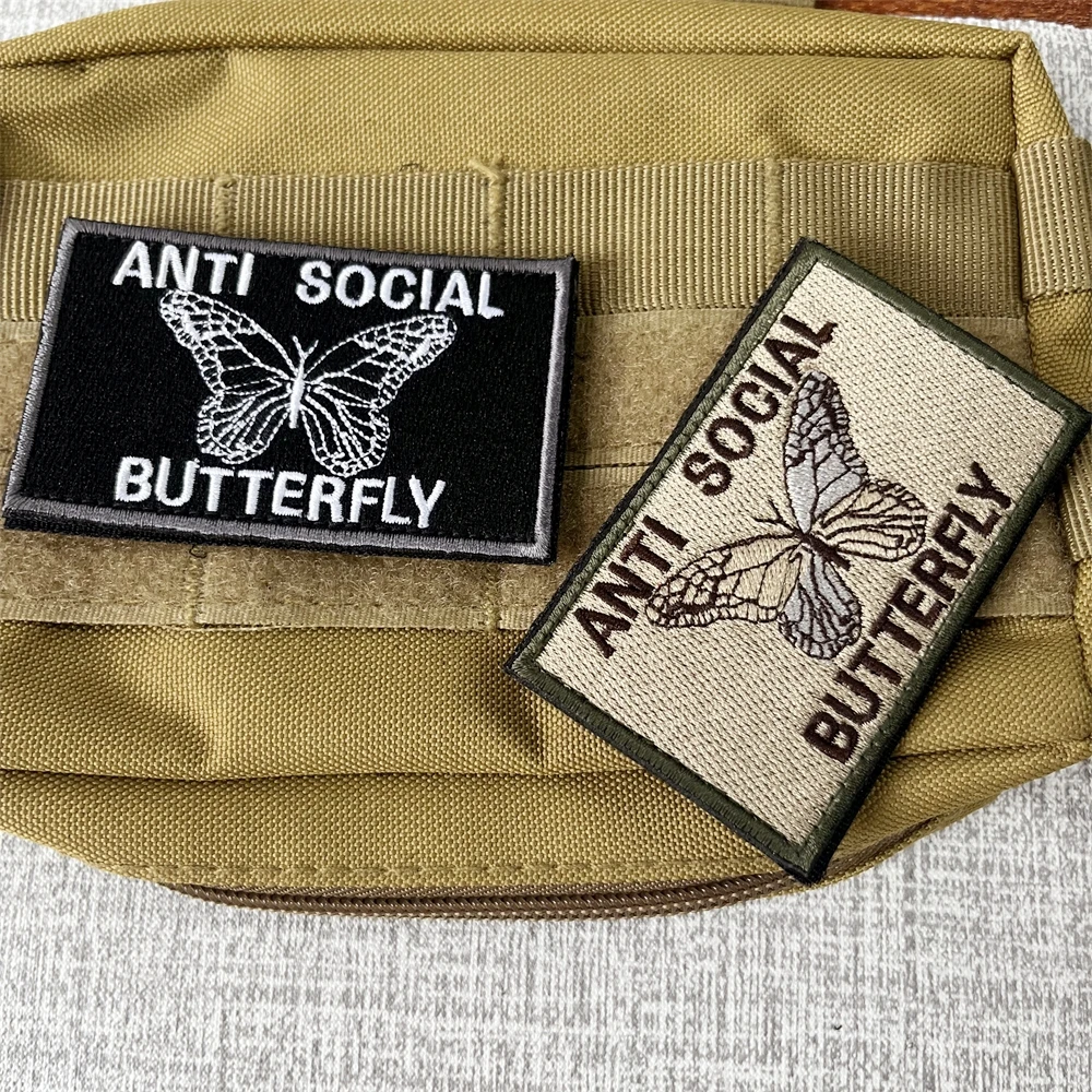 ANTI-SOCIAL Butterfly Multitan Morale Badge Patches Embroidery Armband Tactical Backpack Hook and Loop Sticker