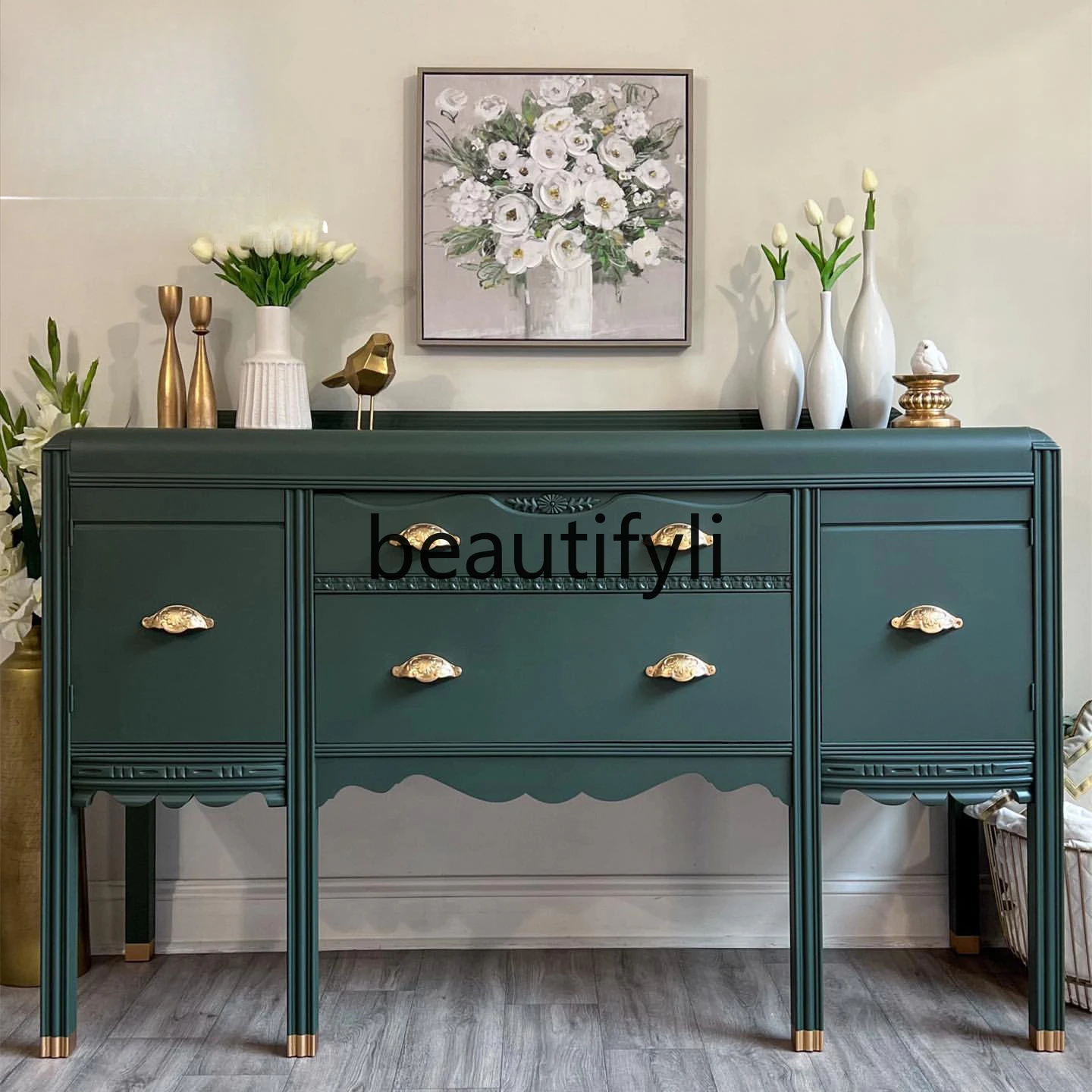 

French Retro Solid Wood Carved Entryway American Style Living Room Decorative Cabinet Sideboard Storage Cabinet