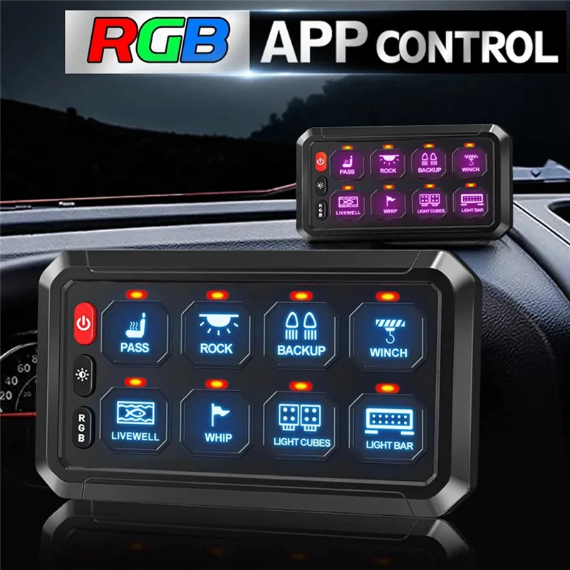 

QB-8 Gangs Universal Led Switch Panel APP Control Adjustable RGB Colors Brightness Multifunction For Car Truck Offroad RV