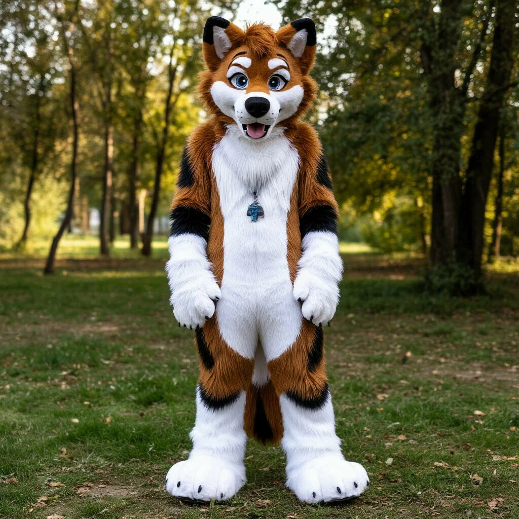 Brauner Weißer Husky Fuchs Hund Schwarzes Fursuit Maskottchen-Kostüm Anpassbares Cartoon-Anime-Themen-Charakter Erwachsenen-Outfit Weihnachten